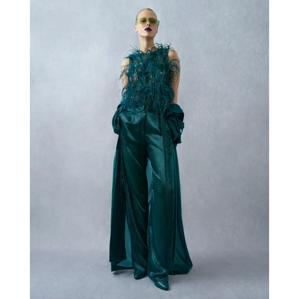 LAPOINTE Cascading Feather Embellished Cropped Tank - Blue Tops - New York Luxury Fashion at Luxury Shoes 