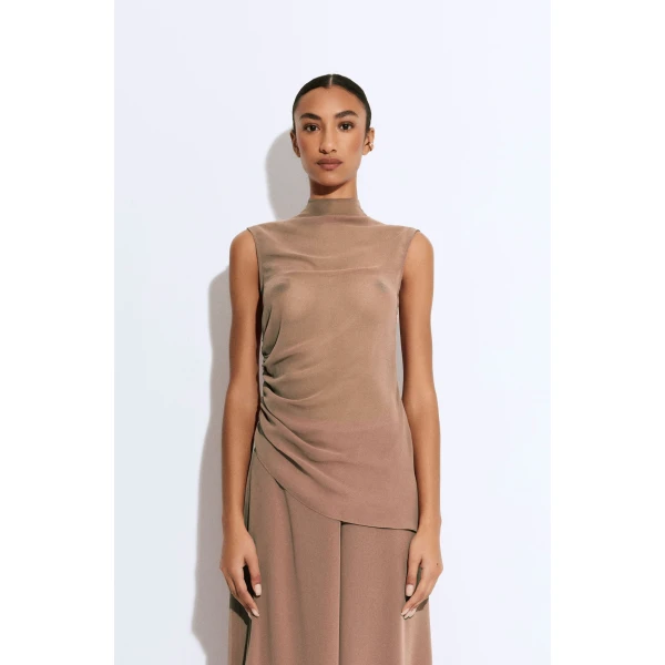 LAPOINTE Lightweight Georgette Mock Neck Ruched Top - Beige Tops - New York Luxury Fashion at Luxury Shoes 