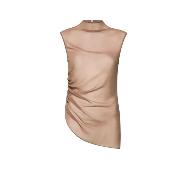 LAPOINTE Lightweight Georgette Mock Neck Ruched Top - Beige Tops - New York Luxury Fashion at Luxury Shoes 