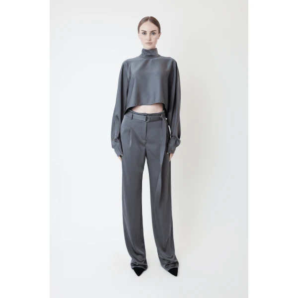 LAPOINTE Lightweight Satin Belted Pant - Grey Pants - New York Luxury Fashion at Luxury Shoes 