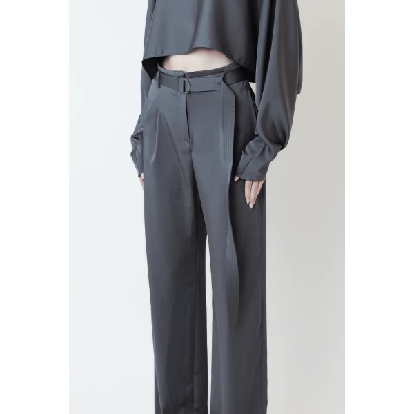 LAPOINTE Lightweight Satin Belted Pant - Grey Pants - New York Luxury Fashion at Luxury Shoes 