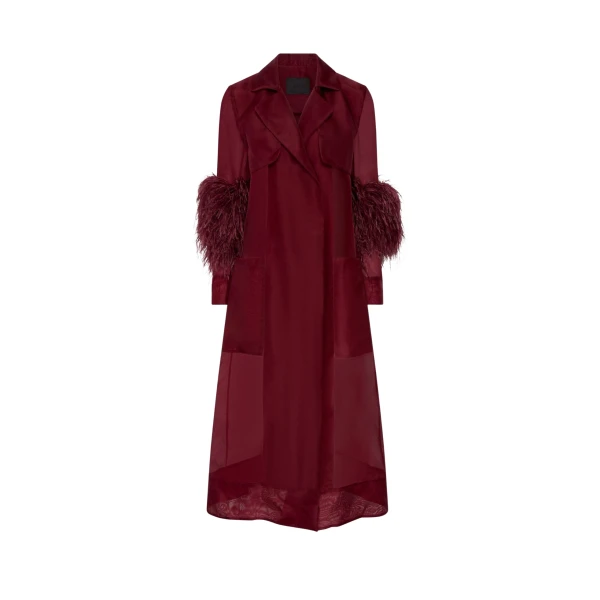 LAPOINTE Organza Sheer Duster With Feathers - Red Coats - New York Luxury Fashion at Luxury Shoes 