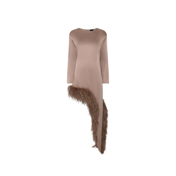 LAPOINTE Satin Asymmetrical Dress With Feathers - Beige Dresses - New York Luxury Fashion at Luxury Shoes 