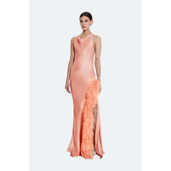 LAPOINTE Satin Halter Gown With Feathers - Pink Dresses - New York Luxury Fashion at Luxury Shoes 