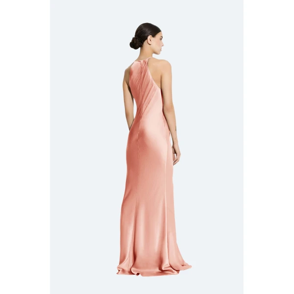 LAPOINTE Satin Halter Gown With Feathers - Pink Dresses - New York Luxury Fashion at Luxury Shoes 