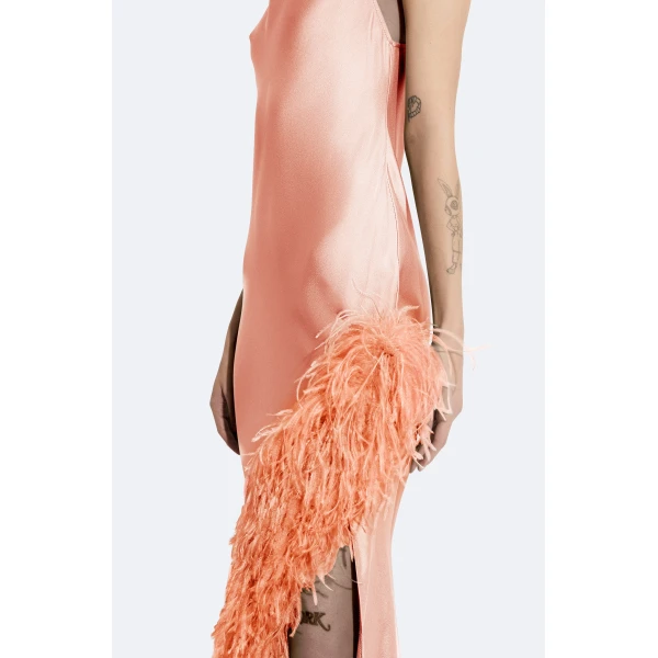 LAPOINTE Satin Halter Gown With Feathers - Pink Dresses - New York Luxury Fashion at Luxury Shoes 