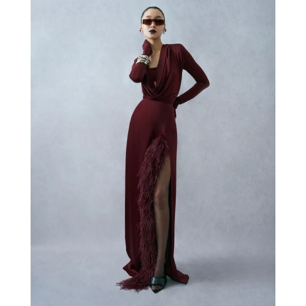 LAPOINTE Satin High Waist Slit Maxi Skirt With Feathers - Red Skirts - New York Luxury Fashion at Luxury Shoes 