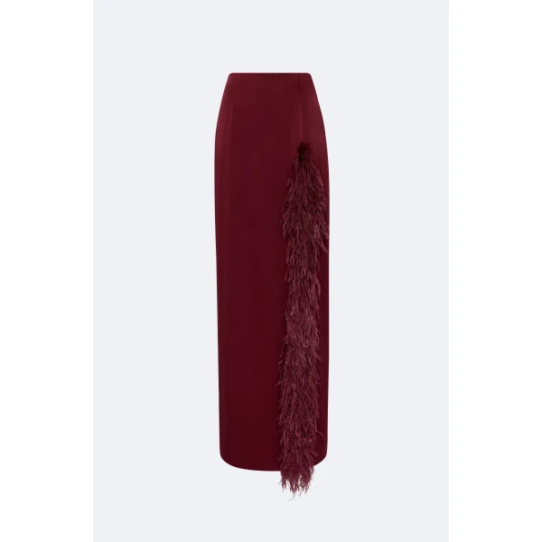 LAPOINTE Satin High Waist Slit Maxi Skirt With Feathers - Red Skirts - New York Luxury Fashion at Luxury Shoes 