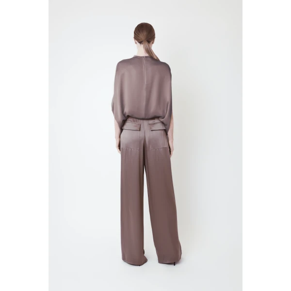 LAPOINTE Satin Relaxed Pleated Pant - Brown Pants - New York Luxury Fashion at Luxury Shoes 
