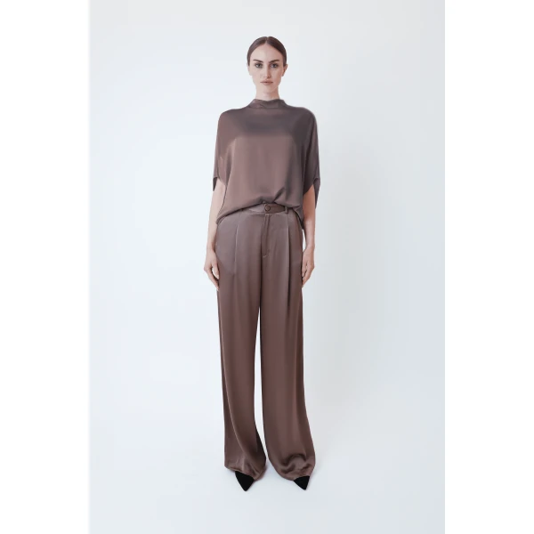 LAPOINTE Satin Relaxed Pleated Pant - Brown Pants - New York Luxury Fashion at Luxury Shoes 