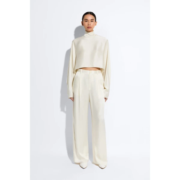LAPOINTE Satin Relaxed Pleated Pant - Ivory Pants - New York Luxury Fashion at Luxury Shoes 