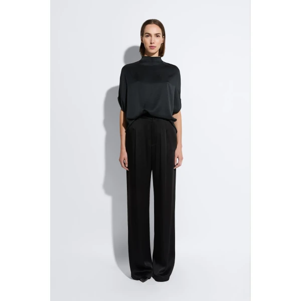 LAPOINTE Satin Relaxed Pleated Pant - Black Pants - New York Luxury Fashion at Luxury Shoes 