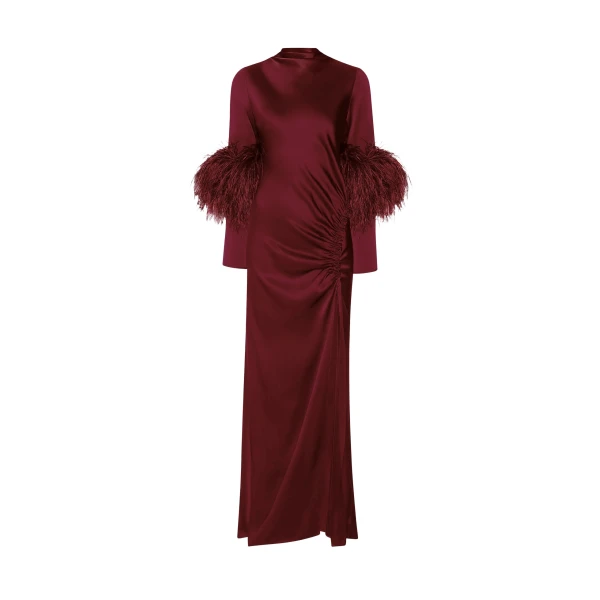 LAPOINTE Satin Tab Gown With Feathers - Red Dresses - New York Luxury Fashion at Luxury Shoes 
