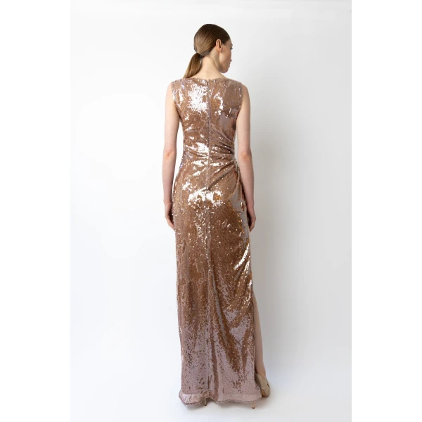 LAPOINTE Sheer Sequin Ruched Gown With Slit - Beige Dresses - New York Luxury Fashion at Luxury Shoes 