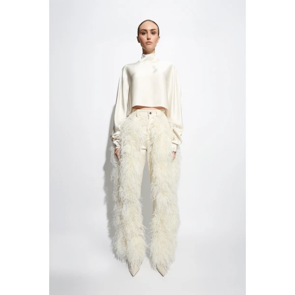 LAPOINTE Stretch Cotton Twill Denim Pant With Feathers - Ivory Pants - New York Luxury Fashion at Luxury Shoes 