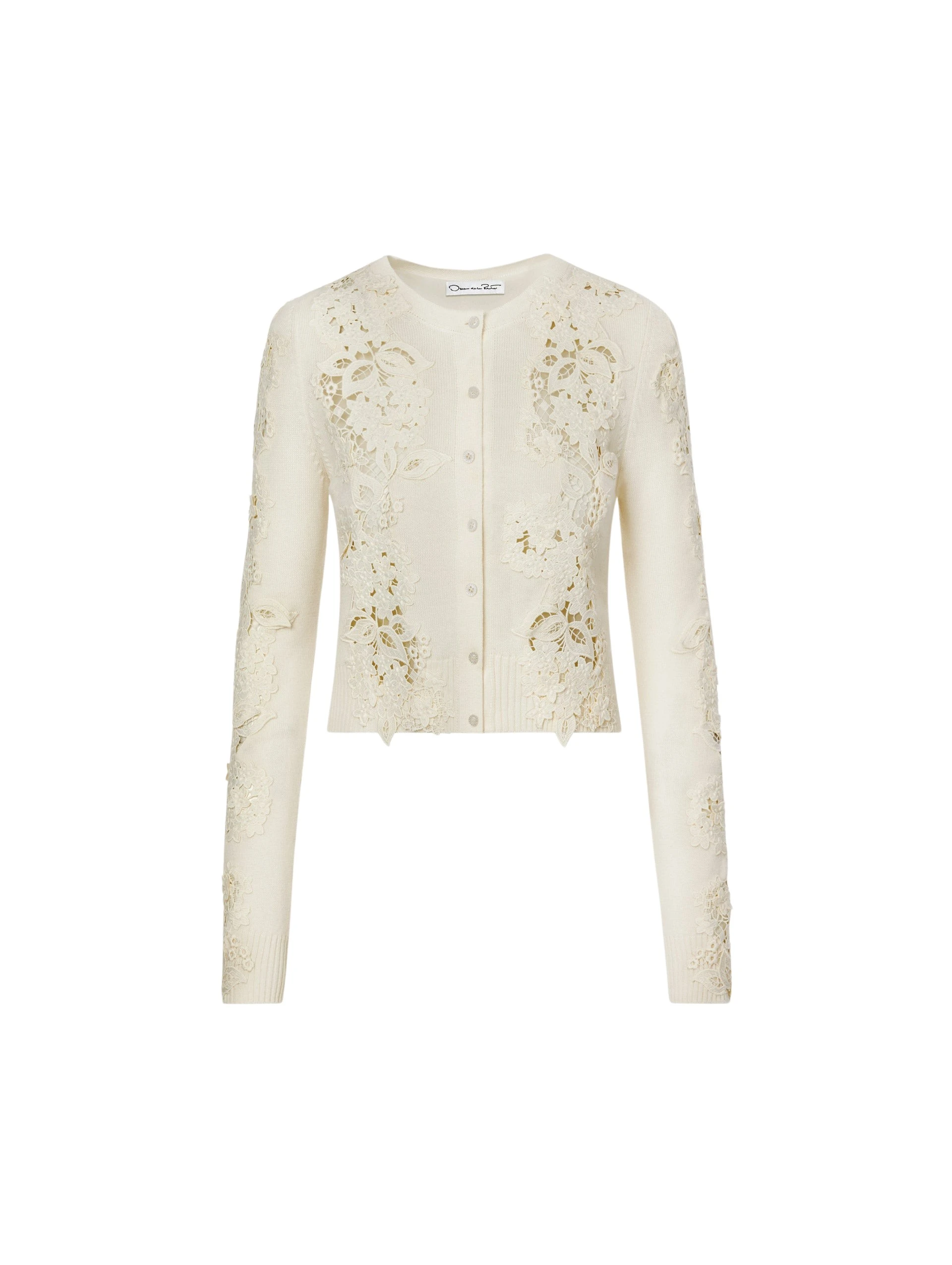 Porcelain-Flower-Guipure-Insert-Cardigan-Oscar-de-la-Renta-Knitwear73161_nobg Oscar de la Renta Porcelain Flower Guipure Insert Cardigan - Knitwear - American Luxury Evening Wear at Luxury Shoes