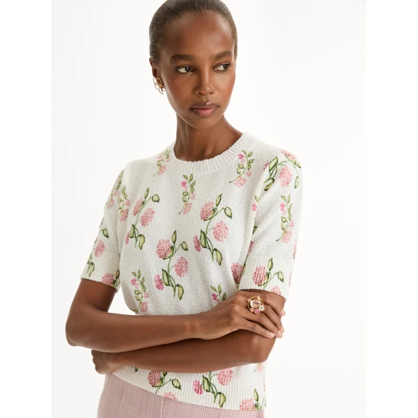 Oscar de la Renta Porcelain Flower-Printed Embroidered Pullover - Knitwear - American Luxury Evening Wear at Luxury Shoes 