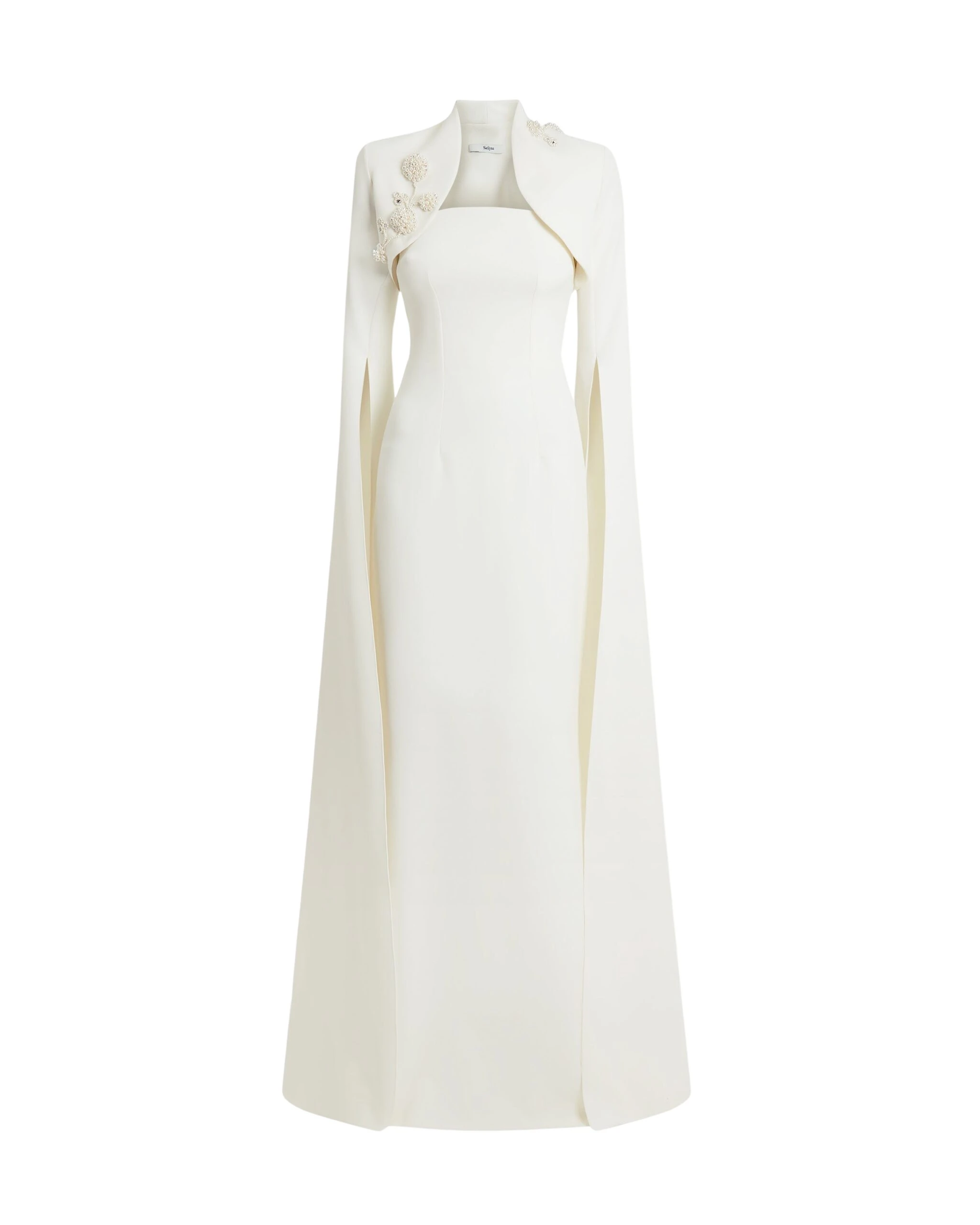 Safiyaa-Amari-Ivory-Harness-Soshin-Dress-With-Carnation-Embroidery-Coveti-scaled26382_nobg Safiyaa Amari Ivory Harness & Soshin Dress With Carnation Embroidery - Safiyaa Dresses - Heavy Crepe Cape Gown - Shop at Luxury Shoes