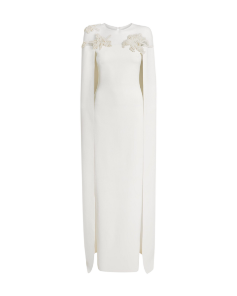 Safiyaa Ambere Long Dress in Ivory with Pearl Embroidery - Safiyaa Dresses - Heavy Crepe Cape Gown - Shop at Luxury Shoes 