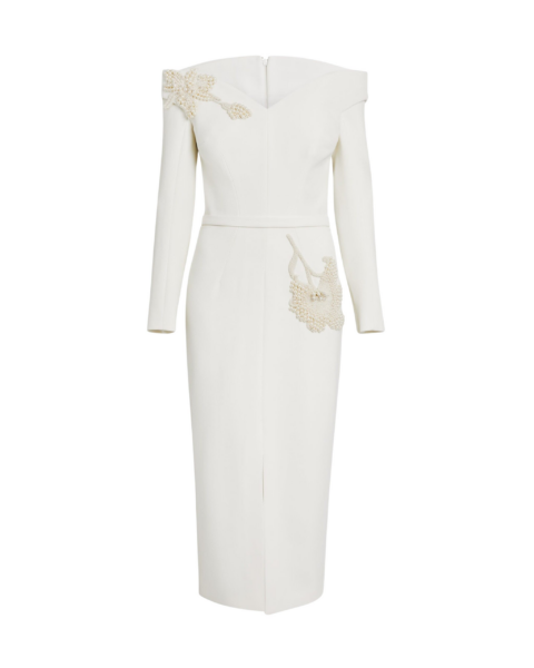 Safiyaa Asuman Midi Dress in Ivory with Pearl Embroidery - Safiyaa Dresses - Heavy Crepe Cape Gown - Shop at Luxury Shoes 