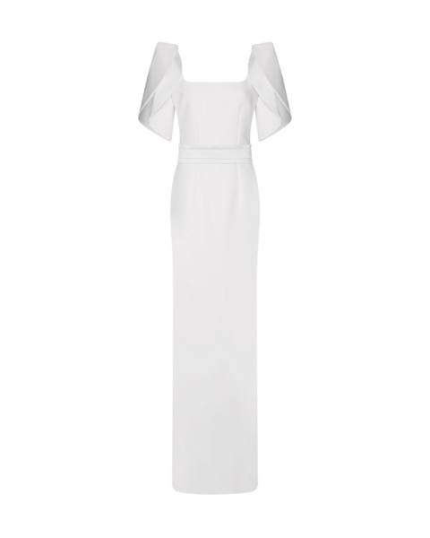 Safiyaa Dara Ivory Long Dress - Safiyaa Dresses - Heavy Crepe Cape Gown - Shop at Luxury Shoes 