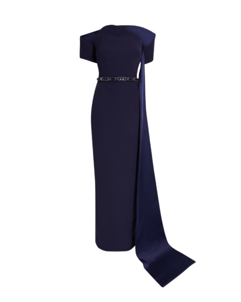 Safiyaa Giorgia Long Dress in Azurite with Multi-blues - Safiyaa Dresses - Heavy Crepe Cape Gown - Shop at Luxury Shoes 
