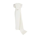 Safiyaa Giorgia Long Dress in Ivory with Embellished Belt - Safiyaa Dresses - Heavy Crepe Cape Gown - Shop at Luxury Shoes 