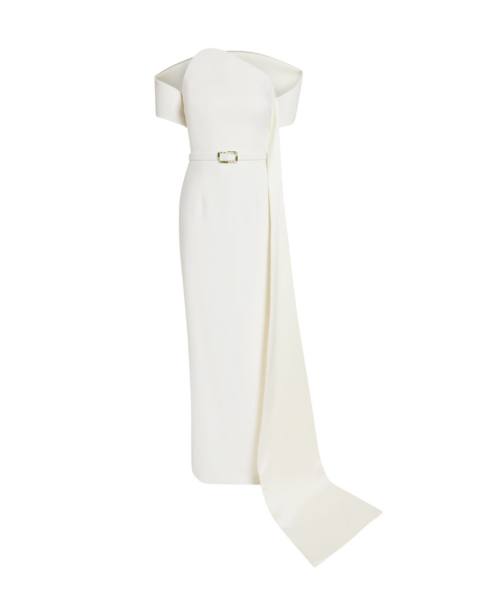 Safiyaa Giorgia Long Dress in Ivory with Embellished Belt - Safiyaa Dresses - Heavy Crepe Cape Gown - Shop at Luxury Shoes 