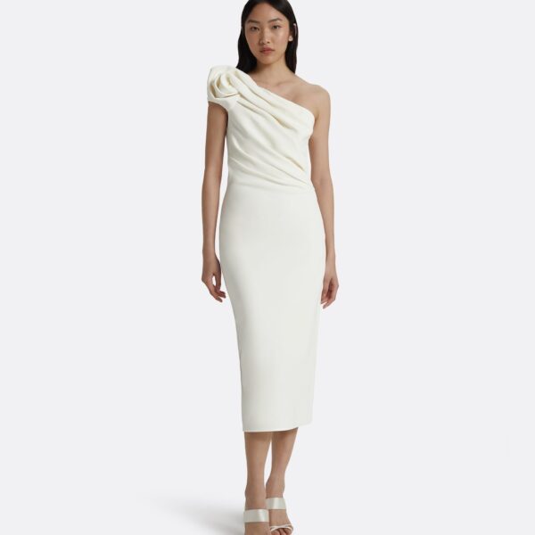 Safiyaa Granalle Ivory Midi Dress - Safiyaa Dresses - Heavy Crepe Cape Gown - Shop at Luxury Shoes 