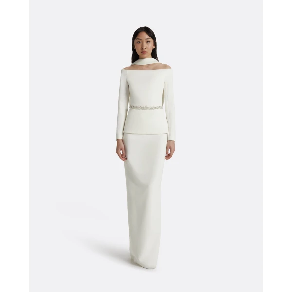 Safiyaa Lucile Ivory Top With Embroidered Belt - Safiyaa Tops - Heavy Crepe Cape Gown - Shop at Luxury Shoes 