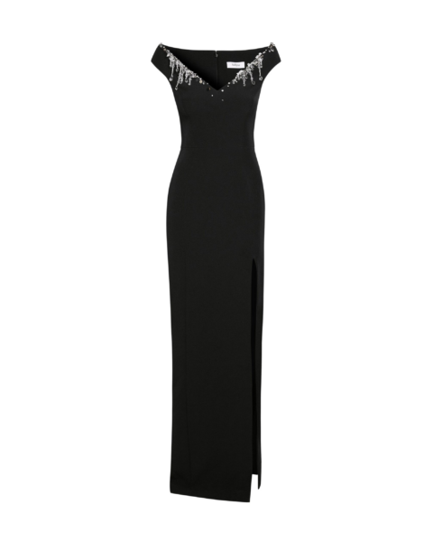 Safiyaa Lucrezia Long Dress in Black with Smoke/crystal - Safiyaa Dresses - Heavy Crepe Cape Gown - Shop at Luxury Shoes 