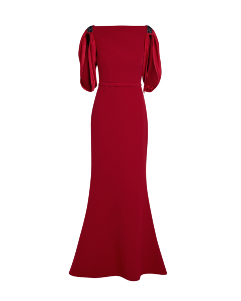 Safiyaa Mariah Long Dress in Cherry Red on Azalea with Multi-blues - Safiyaa Dresses - Heavy Crepe Cape Gown - Shop at Luxury Shoes 