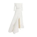 Safiyaa Nila Long Dress in Ivory with Crystal - Safiyaa Dresses - Heavy Crepe Cape Gown - Shop at Luxury Shoes 