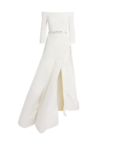Safiyaa Nila Long Dress in Ivory with Crystal - Safiyaa Dresses - Heavy Crepe Cape Gown - Shop at Luxury Shoes 