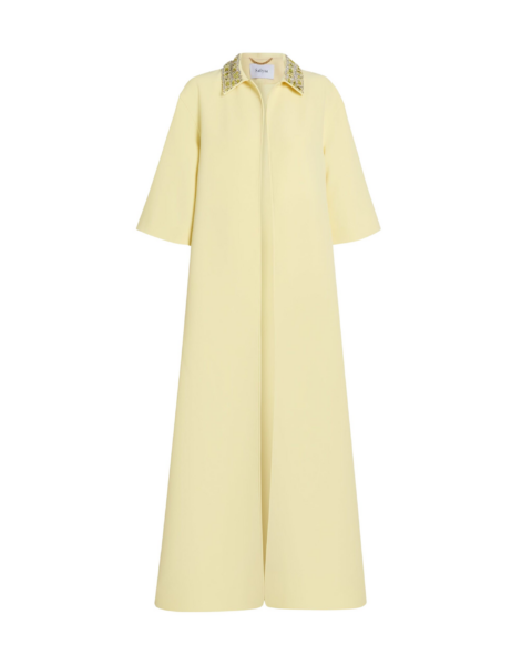 Safiyaa Ninetta Jacket in Pale Yellow with Gold - Safiyaa Jackets - Heavy Crepe Cape Gown - Shop at Luxury Shoes 