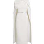 Safiyaa Oria Midi Dress in Ivory with Crystal - Safiyaa Dresses - Heavy Crepe Cape Gown - Shop at Luxury Shoes 