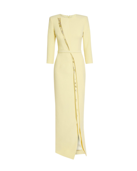 Safiyaa Tosavetta Long Dress in Pale Yellow with Gold - Safiyaa Dresses - Heavy Crepe Cape Gown - Shop at Luxury Shoes 