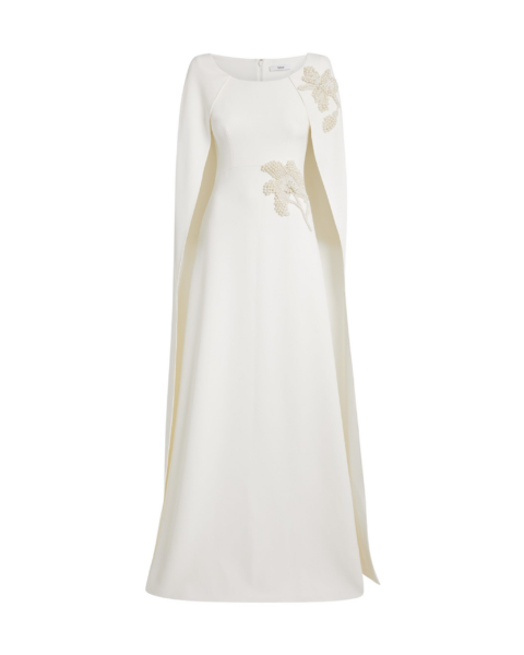 Safiyaa Yuna Long Dress in Ivory with Pearl - Safiyaa Dresses - Heavy Crepe Cape Gown - Shop at Luxury Shoes 
