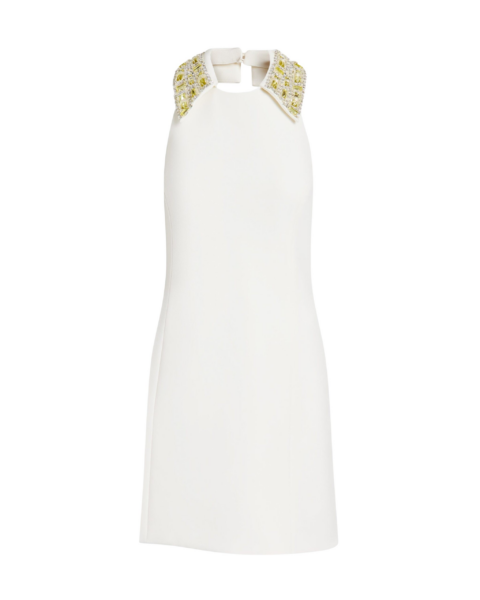 Safiyaa Zura Short Dress in Ivory with Gold Embellishment - Safiyaa Dresses - Heavy Crepe Cape Gown - Shop at Luxury Shoes 