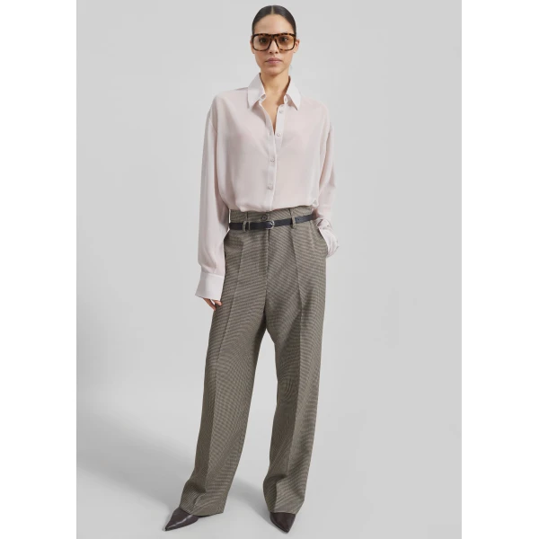 The Frankie Shop Aubel Belted Straight Pants - Black Houndstooth - Oversized Minimalist Pants in Black - Shop at Luxury Shoes 
