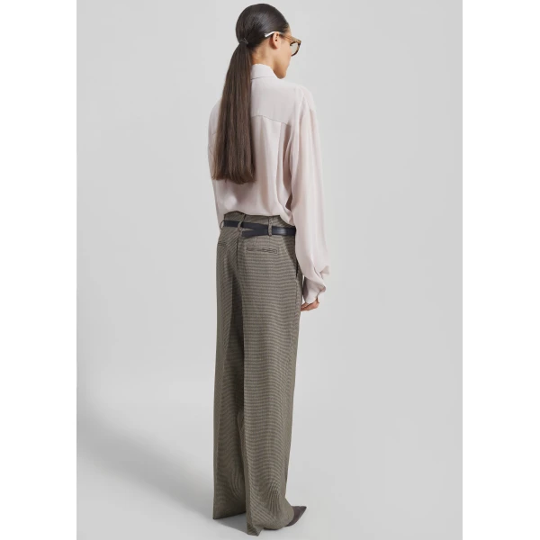 The Frankie Shop Aubel Belted Straight Pants - Black Houndstooth - Oversized Minimalist Pants in Black - Shop at Luxury Shoes 