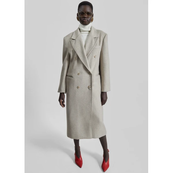The Frankie Shop Bellace Wool Coat - Taupe - Oversized Minimalist Coats in Brown - Shop at Luxury Shoes 