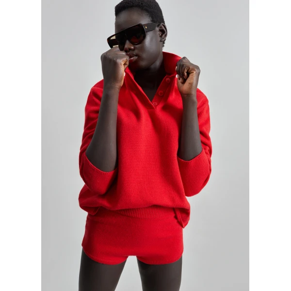 The Frankie Shop Bresica Knit Hot Pants - Red - Oversized Minimalist Shorts in Red - Shop at Luxury Shoes 