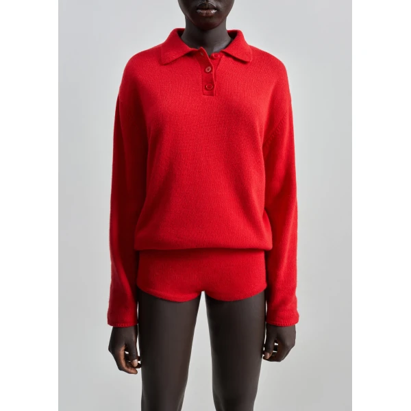 The Frankie Shop Bresica Knit Polo Sweater - Red - Oversized Minimalist Knitwear in Red - Shop at Luxury Shoes 
