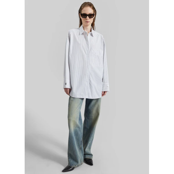 The Frankie Shop By Malene Birger Derris Shirt - White/Black Mix Stripe - Oversized Minimalist Tops in Black - Shop at Luxury Shoes 