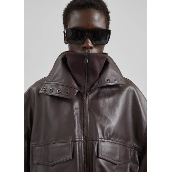 The Frankie Shop Carnaby Funnel Neck Leather Jacket - Dark Plum - Oversized Minimalist Jackets in Brown - Shop at Luxury Shoes 