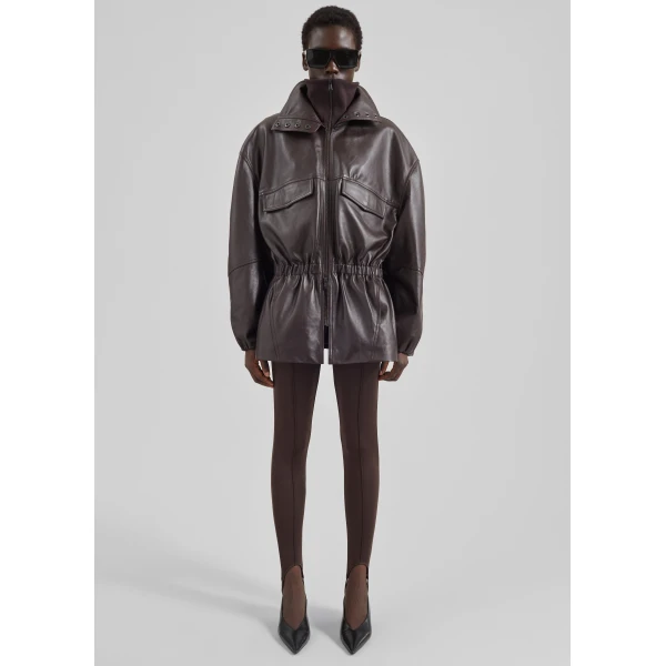The Frankie Shop Carnaby Funnel Neck Leather Jacket - Dark Plum - Oversized Minimalist Jackets in Brown - Shop at Luxury Shoes 