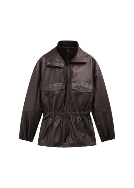 The Frankie Shop Carnaby Funnel Neck Leather Jacket - Dark Plum - Oversized Minimalist Jackets in Brown - Shop at Luxury Shoes 