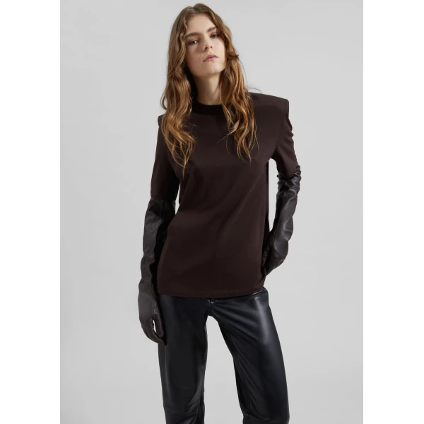 The Frankie Shop Carrington Padded Shoulder Tee - Brown - Oversized Minimalist Tops in Brown - Shop at Luxury Shoes 