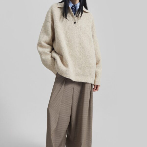 The Frankie Shop Gistel Pleated Pants - Beige Plaid - Oversized Minimalist Pants in Beige - Shop at Luxury Shoes 
